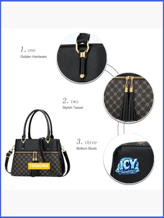 Faux Leather Satchel with Adjustable Strap, 3 Compartments - Picture 3 of 7